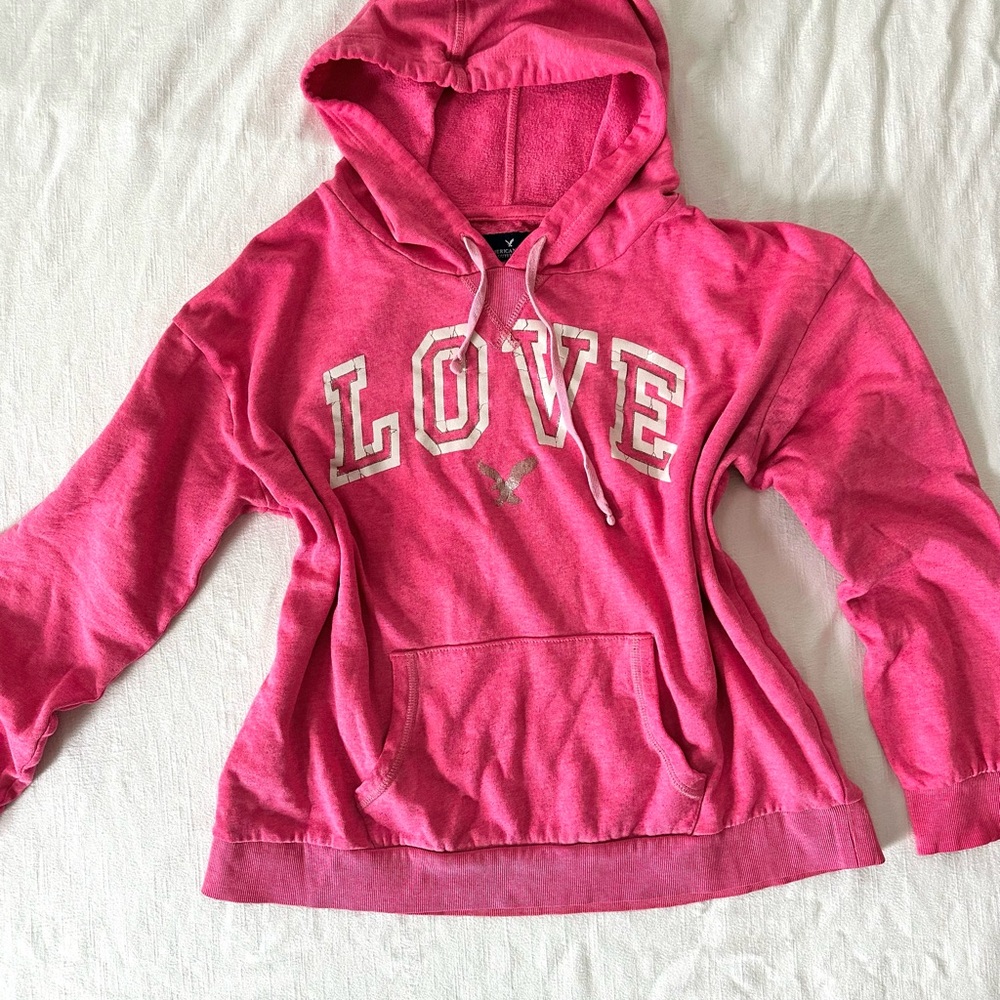 American Eagle Pink Hoodie — 2000’s Varsity Graphic Pullover Sweatshirt XL